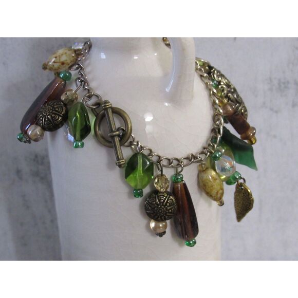 Handmade Jewelry - Handmade Nature-Themed Charm Bracelet – Green Glass Leaves, Brass Accents